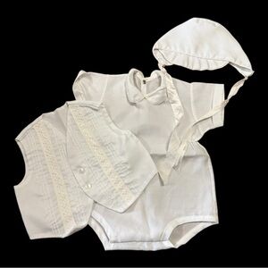 Vintage Baby Boy's Christening/Baptism 3 Piece Set - Romper, Vest & Cap